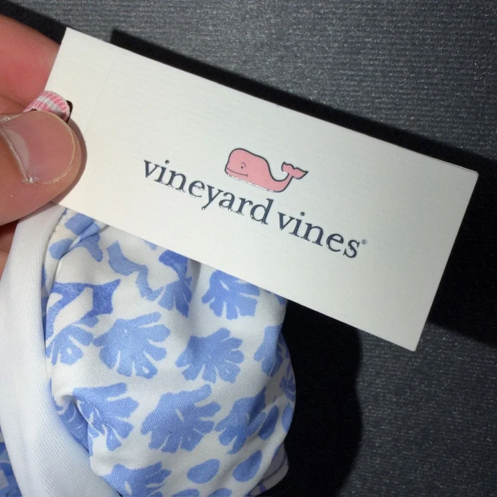 Vineyard Vines Painted‎ Patch Ruffle One Shoulder Bikini Set Blue White L/XL
